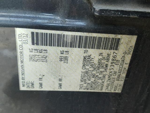 1N4AL2AP6CN539867 - 2012 NISSAN ALTIMA BAS CHARCOAL photo 10