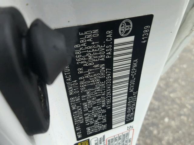 4T1BE32KX4U309477 - 2004 TOYOTA CAMRY LE 白色 照片 10