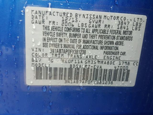 3N1AB7AP0FY381238 - 2015 NISSAN SENTRA S BLUE photo 10