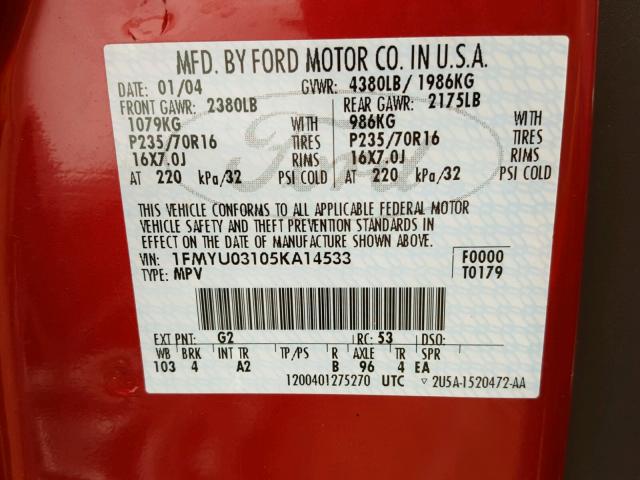 1FMYU03105KA14533 - 2005 FORD ESCAPE XLT RED photo 10