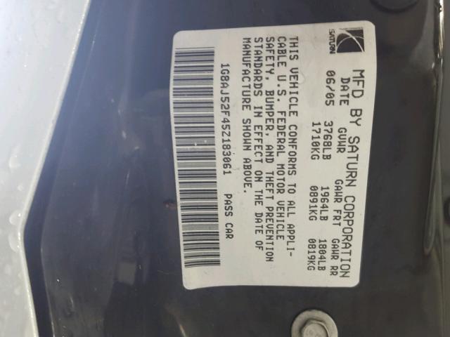 1G8AJ52F45Z183061 - 2005 SATURN ION LEVEL WHITE photo 10