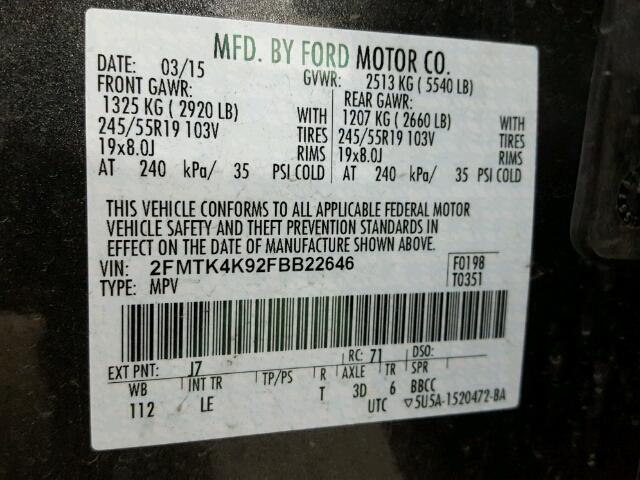 2FMTK4K92FBB22646 - 2015 FORD EDGE TITAN BLACK photo 10