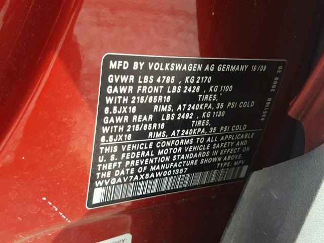 WVGAV7AX5AW001357 - 2010 VOLKSWAGEN TIGUAN S RED photo 10