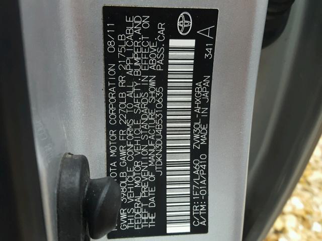 JTDKN3DU4B5310635 - 2011 TOYOTA PRIUS SILVER photo 10