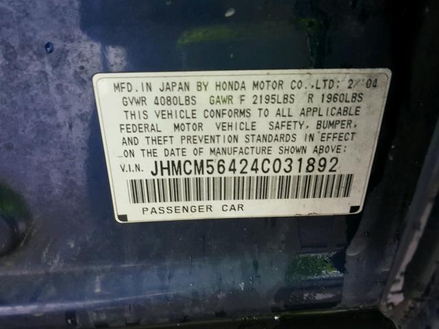 JHMCM56424C031892 - 2004 HONDA ACCORD LX BLUE photo 10