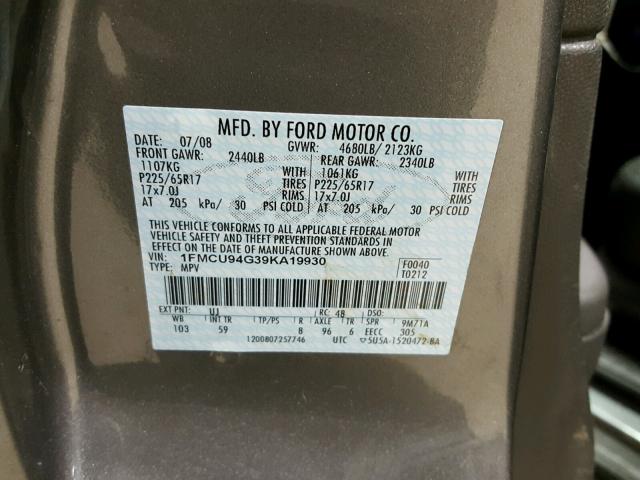 1FMCU94G39KA19930 - 2009 FORD ESCAPE LIM GRAY photo 10