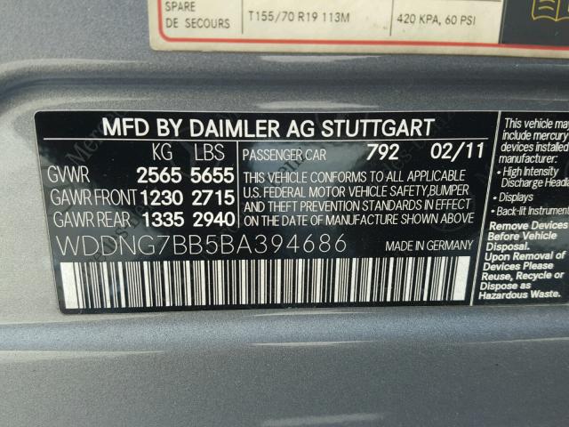 WDDNG7BB5BA394686 - 2011 MERCEDES-BENZ S 550 GRAY photo 10