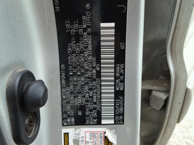 JTEEP21A940049333 - 2004 TOYOTA HIGHLANDER SILVER photo 10