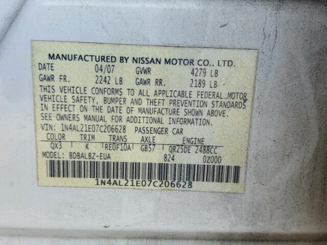 1N4AL21E07C206628 - 2007 NISSAN ALTIMA 2.5 WHITE photo 10