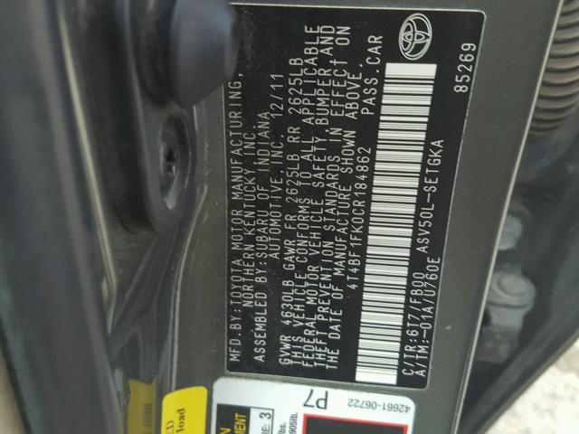 4T4BF1FK0CR184862 - 2012 TOYOTA CAMRY BASE GREEN photo 10