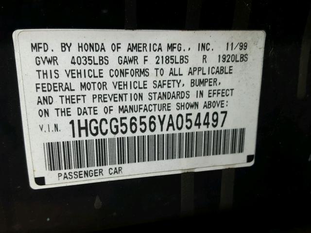 1HGCG5656YA054497 - 2000 HONDA ACCORD EX BLACK photo 10