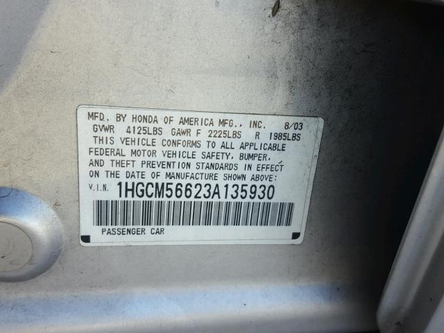 1HGCM56623A135930 - 2003 HONDA ACCORD EX SILVER photo 10