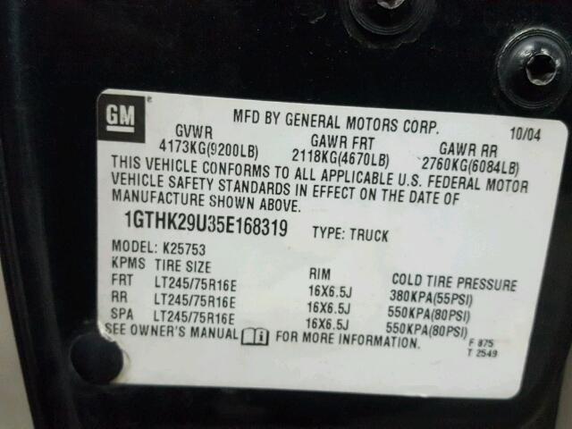 1GTHK29U35E168319 - 2005 GMC SIERRA K25 BLACK photo 10