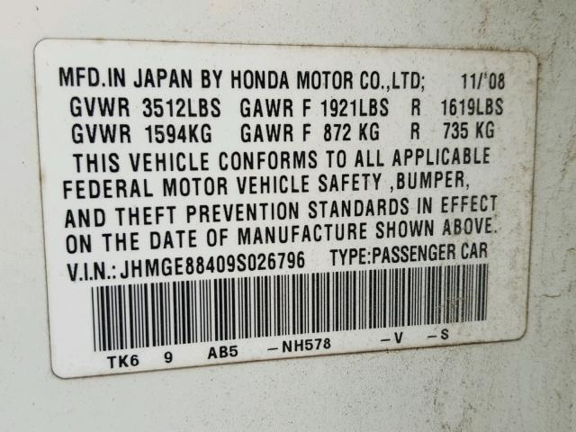 JHMGE88409S026796 - 2009 HONDA FIT SPORT WHITE photo 10