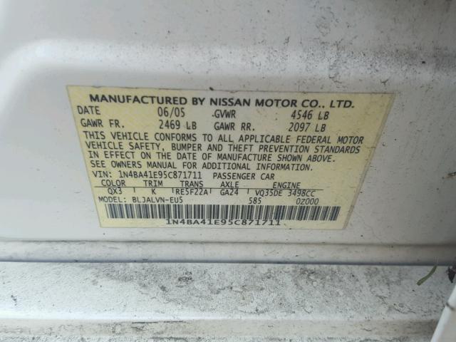 1N4BA41E95C871711 - 2005 NISSAN MAXIMA SE WHITE photo 10