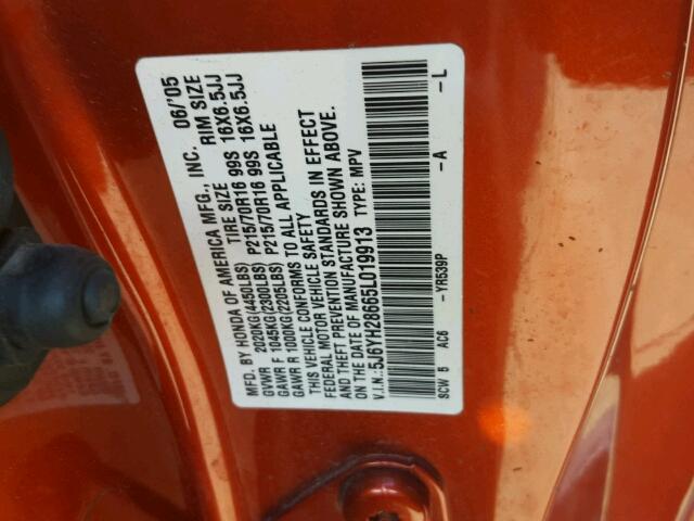 5J6YH28665L019913 - 2005 HONDA ELEMENT EX ORANGE photo 10