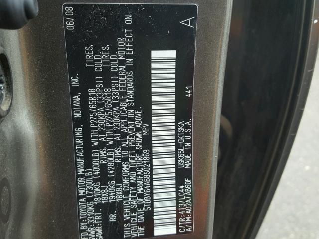 5TDBY64A68S021869 - 2008 TOYOTA SEQUOIA SR GOLD photo 10