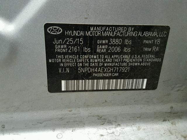 5NPDH4AEXGH717921 - 2016 HYUNDAI ELANTRA SE SILVER photo 10