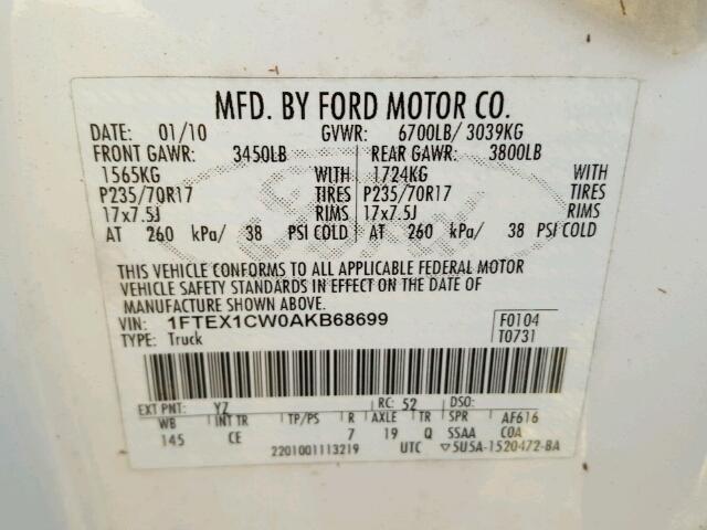 1FTEX1CW0AKB68699 - 2010 FORD F150 SUPER WHITE photo 10