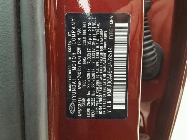 KM8J3CA49HU478514 - 2017 HYUNDAI TUCSON LIM BURGUNDY photo 10