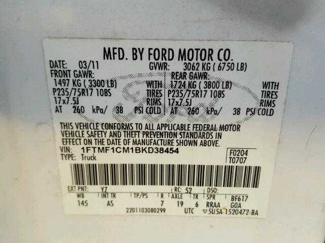 1FTMF1CM1BKD38454 - 2011 FORD F150 WHITE photo 10