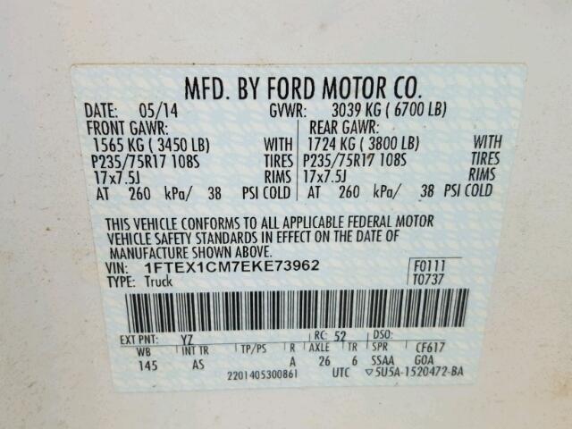 1FTEX1CM7EKE73962 - 2014 FORD F150 SUPER WHITE photo 10