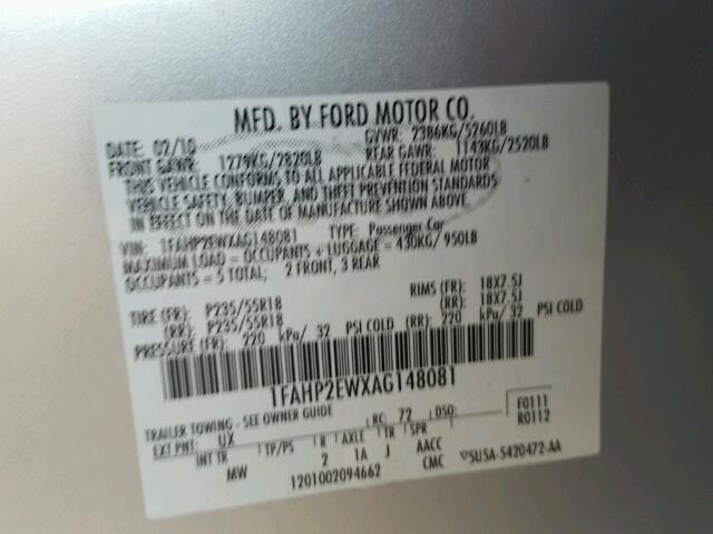 1FAHP2EWXAG148081 - 2010 FORD TAURUS SEL SILVER photo 10