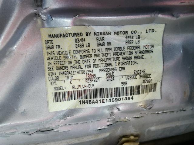 1N4BA41E14C901394 - 2004 NISSAN MAXIMA SE SILVER photo 10