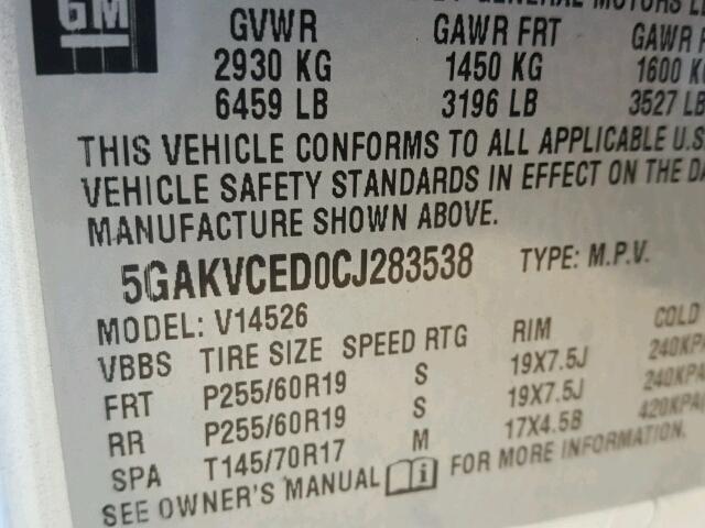 5GAKVCED0CJ283538 - 2012 BUICK ENCLAVE SILVER photo 10