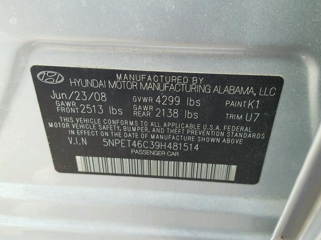 5NPET46C39H481514 - 2009 HYUNDAI SONATA GLS SILVER photo 10