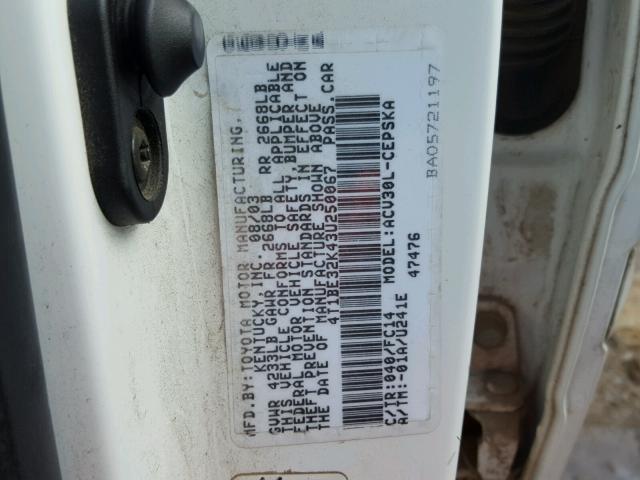 4T1BE32K43U250067 - 2003 TOYOTA CAMRY LE თეთრი ფოტო 10