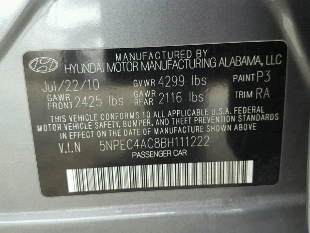 5NPEC4AC8BH111222 - 2011 HYUNDAI SONATA SE GRAY photo 10