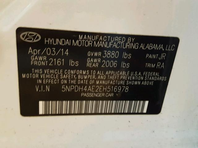 5NPDH4AE2EH516978 - 2014 HYUNDAI ELANTRA SE WHITE photo 10