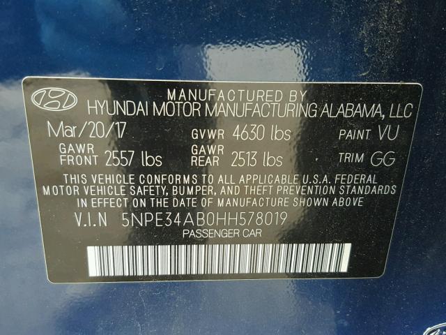 5NPE34AB0HH578019 - 2017 HYUNDAI SONATA SPO BLUE photo 10