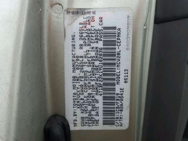 4T1BF22K1YU102036 - 2000 TOYOTA CAMRY LE GRAY photo 10