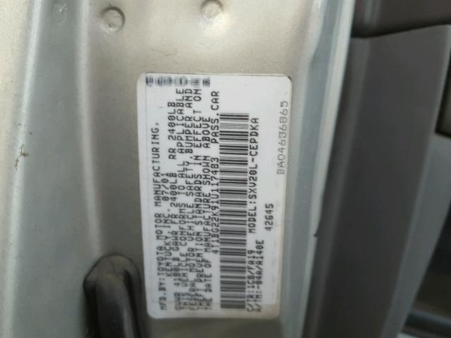 4T1BG22K91U117483 - 2001 TOYOTA CAMRY CE SILVER photo 10