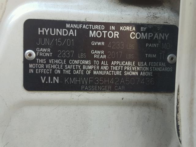 KMHWF35H42A507436 - 2002 HYUNDAI SONATA GLS WHITE photo 10