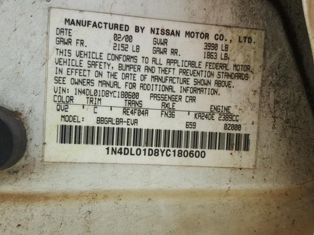 1N4DL01D8YC180600 - 2000 NISSAN ALTIMA XE WHITE photo 10