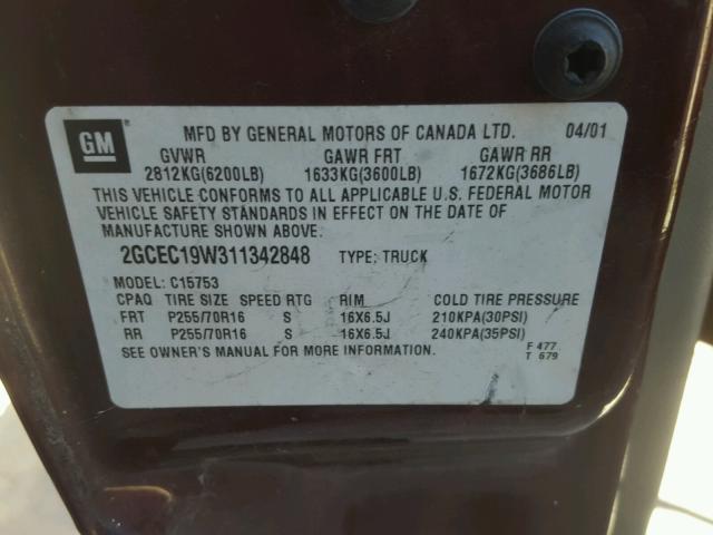 2GCEC19W311342848 - 2001 CHEVROLET SILVERADO RED photo 10