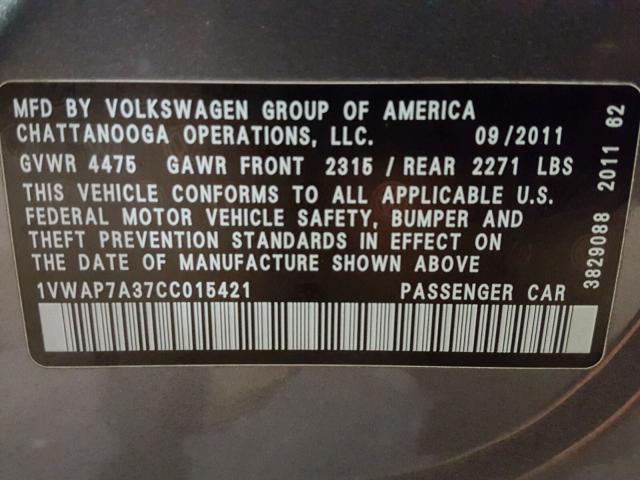 1VWAP7A37CC015421 - 2012 VOLKSWAGEN PASSAT S GRAY photo 10