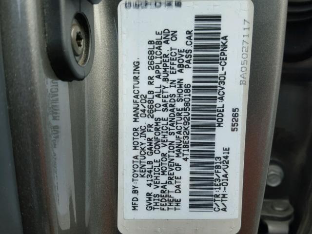 4T1BE32K92U580186 - 2002 TOYOTA CAMRY LE CHARCOAL photo 10