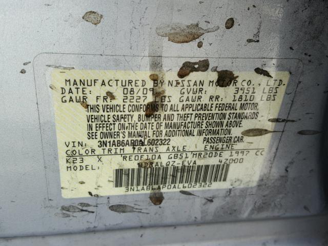 3N1AB6AP0AL602322 - 2010 NISSAN SENTRA SILVER photo 10