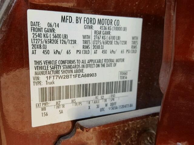 1FT7W2BT1FEA68903 - 2015 FORD F250 SUPER BURGUNDY photo 10