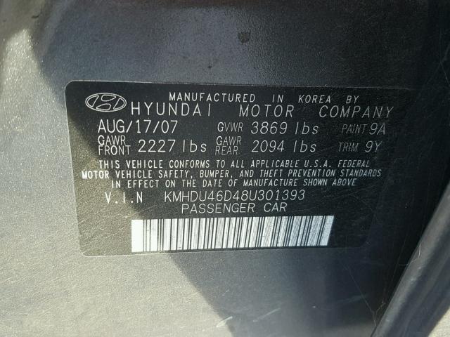 KMHDU46D48U301393 - 2008 HYUNDAI ELANTRA GL GRAY photo 10