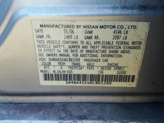 1N4BA41EX6C865269 - 2006 NISSAN MAXIMA SE SILVER photo 10