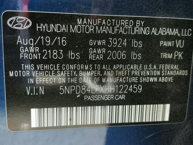 5NPD84LFXHH122459 - 2017 HYUNDAI ELANTRA SE BLUE photo 10