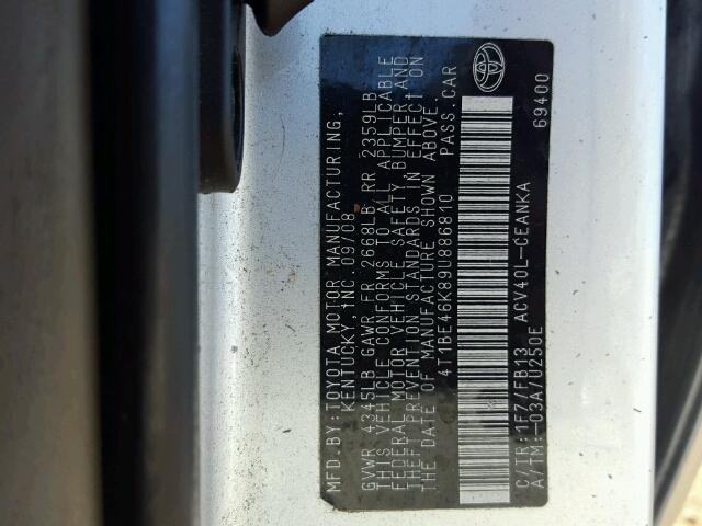 4T1BE46K89U886810 - 2009 TOYOTA CAMRY BASE SILVER photo 10