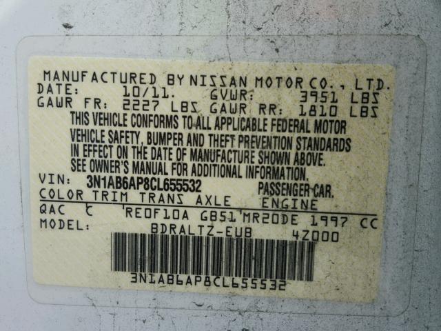 3N1AB6AP8CL655532 - 2012 NISSAN SENTRA 2.0 WHITE photo 10