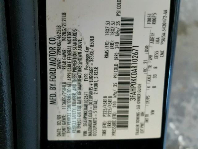 3FAHP0KC0AR102671 - 2010 FORD FUSION SPO BLACK photo 10