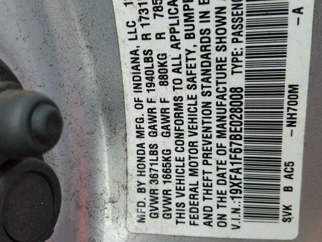 19XFA1F67BE028008 - 2011 HONDA CIVIC LX-S Gümüş foto 10